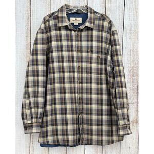 Woolrich Mens Large Deep Navy Ombre‎ Flannel Shirt Plaid Heavyweight 100% Cotton